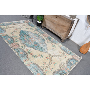 พรมตุรกีโบราณ4.4 x 8.1ft ฟ้าสีเบจปะต่อดีไซน์ทำด้วยมือผ้าขนสัตว์ยางรองสำหรับวัยรุ่นห้องนั่งเล่นห้องโถงสี่เหลี่ยมผืนผ้า - Product Image 4