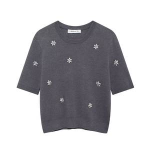 เสื้อสวมหัวคอกลมแขนสั้นประดับด้วยลูกปัดแนววินเทจของผู้หญิงเสื้อระบายอากาศ100% ผ้าโพลีเอสเตอร์อเนกประสงค์ฤดูใบไม้ร่วงใหม่ - Product Image 6