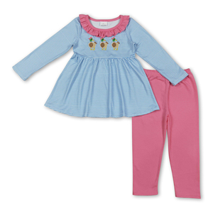 Conjuntos de ropa para niñas, pantalones rosa intenso con rayas azules, OEM/ODM/RTS, ropa de bebé al por mayor, conjunto de ropa de bebé. - Product Image 3