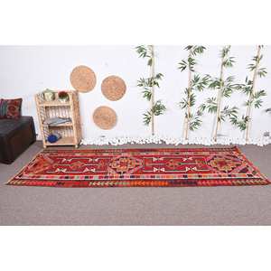 Alfombra Kilim turca Vintage de 3,1x9 pies, diseño de retales rojo y naranja, respaldo de látex de lana hecho a mano para adolescentes, pasillo rectangular de 10mm - Product Image 2