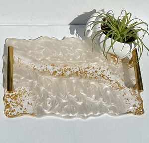 Plateau de service en résine moderne et luxueux avec poignées en métal doré, élégant cristal argenté pour les événements de mariage, la décoration de table à la maison ou à l'hôtel - Product Image 2