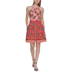 Abito lungo da donna Vince Camuto rosa elegante con scollo all'americana, vita naturale, traspirante, stampa mista sublimata, con pieghe, ODM - Product Image 1