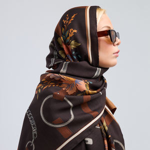 Elegant Long Casual Silk Wool Blend Shawl with Hand Rolled Hem Luxury Equestrian Chain & Leather Belt Motif Floral <b>Pashmina</b> - Product Image 5