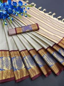 Tissu en soie de coton pur en Design exclusif de bordure Blouse contrastante assortie de styliste Saree vêtements de fête tissage fantaisie - Product Image 5