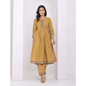Ensemble pantalon et salwar kameez en coton imprimé au bloc, couleur moutarde - Product Image 3