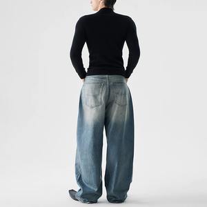 Jeans en denim pour homme, taille haute, coupe large et droite, délavé, style vintage classique bleu, style hip-hop streetwear, sur mesure, grandes tailles - Product Image 5