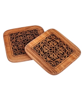 Support à tasses et sous-verres en bois d'acacia, design classique, carré/rond, pour café, thé, boissons, bois naturel, diamètre 300 mm - Product Image 1