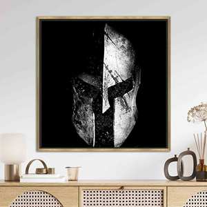 Impression sur toile Molon Labe : Art sur verre avec casque de Spartan, Décoration pour la cave des hommes, Toile encadrée dorée - Product Image 1