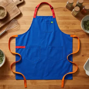Delantal Azul con Tirantes Rojos y Naranjas, 3 Bolsillos, Lona Resistente, Reutilizable, Lavable a Máquina, para Limpieza - Product Image 1