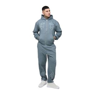 Conjunto Deportivo Unisex Azul Pizarra de 500 g/m², Sudadera con Capucha Extra Grande y Holgada con Bordado Cruzado y Cremallera, Pantalones Deportivos con Pedrería Personalizada - Product Image 1