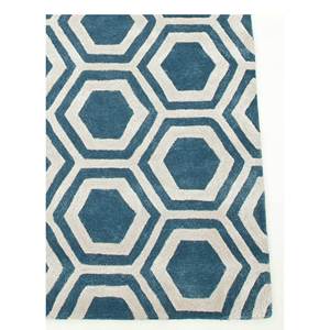Tapis en laine et viscose bleu contour, tufté à la main, motif géométrique, pour salon, 9x12, rectangulaire, rayé, épaisseur 10 mm, Nouveau - Taq-378 - Product Image 4