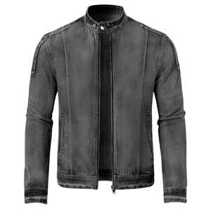 Blouson en jean vintage délavé pour homme, col montant, fermeture éclair, coupe droite, décontracté, 100 % coton, style motard, pour le quotidien - Product Image 1
