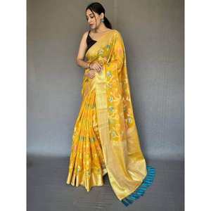 Elegante Sari de Seda Organza Amarillo con Blusa para Bodas - Product Image 2