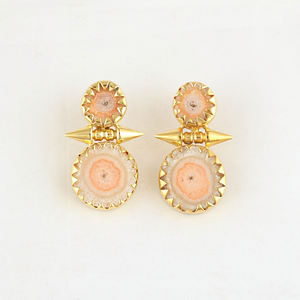 Pendientes de cuarzo solar natural color melocotón, joyería moderna, chapados en oro de 18k, latón macizo, engaste de púas. - Product Image 2