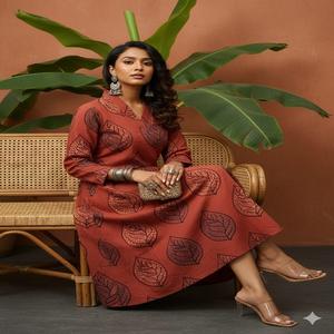 Conjunto de 2 Piezas Ajrakh con Escote Bardot, Diseño de Flores en Crochet, Volantes y Cuentas, en Chifón y Algodón, Secado Rápido y Absorción de Humedad - Product Image 2