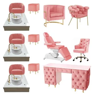 Juegos de muebles de salón de uñas de belleza, mesas de manicura rosa y sillas de pedicura, silla de Spa de pedicura rosa fuerte, vidrio personalizado moderno