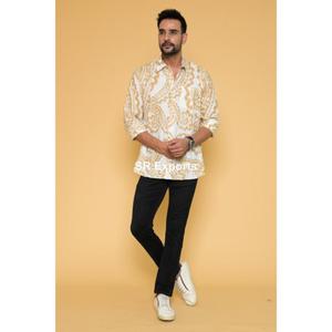 Chemise à manches longues en coton Boho pour hommes, imprimé bloc indien, tissu léger, tenue décontractée, col boutonné. - Product Image 4