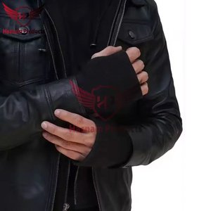 Veste à capuche en cuir véritable noir pour homme, avec cordon de serrage, poches à rabat, fermeture éclair, style motard, en peau de mouton, vêtement d'extérieur personnalisé pour l'hiver - Product Image 5