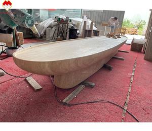 Ensemble de table à manger en forme de bateau en travertin de style moderne table centrale en béton avec pierre de travertin sculptée pour le café et le dîner - Product Image 5