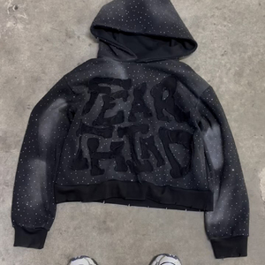 เสื้อฮู้ดแบบมีฮู้ดปักลายแบบรูดซิปแบบปรับแต่งได้เสื้อฮู้ดติดพลอยเทียมแบบมีความเป็นกรด - Product Image 2