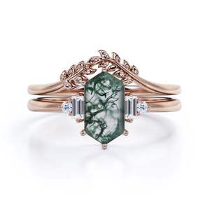 แหวนเงินแท้ 925 รูปทรงหกเหลี่ยมประดับมอสอาเกตและเพทายทรงหกเหลี่ยม ฝังแบบหนามเตย ชุบโรเดียม พร้อมลายใบไม้สลัก - Product Image 4