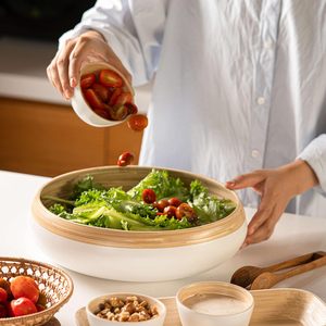 Bol de fruits en bambou filé de 11.81 pouces, salade, grand bol de service moderne, décoratif pour la cuisine, la fête, les barbecues, naturel - Product Image 3