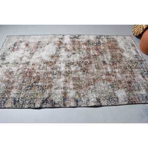 Vintage Rug, Area 4.5x7.5 ft Turkish Rug, <b>Brown</b> Blue Abstract <b>Wool</b> Rug - Product Image 4