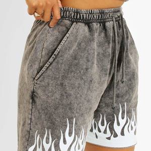 กางเกงขาสั้นผ้าฝ้ายระบายอากาศเอวสูงของผู้หญิงซักด้วยกรดจากฝรั่งเศสผ้าผลซักได้กำหนดโลโก้ได้อย่างรวดเร็ว - Product Image 1