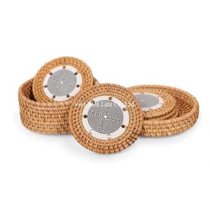 Ensemble de sous-verres en rotin naturel faits à la main de style bohème avec plateau pour la protection de la table et la décoration intérieure Vietnam - Product Image 1