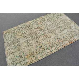 Alfombra turca vintage de 3,8x6,3 pies, área grande clásica, lana verde y Beige con patrón rectangular abstracto, respaldo de látex para uso en el pasillo - Product Image 2