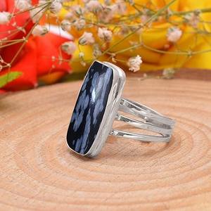 Luxueux 925 Sterling Silver Girls' Gemstone Ring Handmade Princess Cut Snowflake Obsidian for WeddingStamped Jewelry - Product Image 2