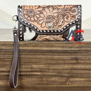 Cartera de Mano de Cuero Genuino con Diseño de Girasol, Estilo Occidental, de Lujo, con Múltiples Ranuras para Tarjetas, Protección RFID, Correa Larga para la Muñeca, para Mujer - Product Image 1