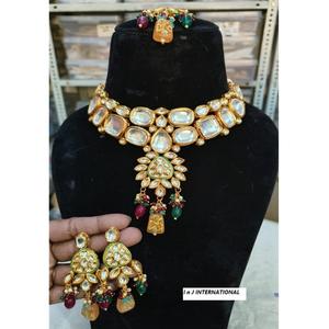 Kundan Meenakari Parure de bijoux en laiton plaqué or avec perle Mariages Fêtes Anniversaires Fiançailles Vêtements de mariée Cadeaux parfaits - Product Image 1