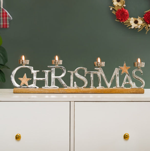 Christmas Metal Text And <b>Stars</b> T-<b>light</b> Holder with Wood Base For Christmas Gifting & Decor - Product Image 2