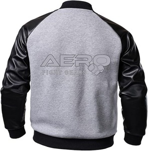 Blouson aviateur élégant et confortable en coton et en laine pour hommes avec manches en cuir Verity col montant lettre personnalisée logo avant - Product Image 6