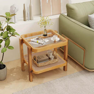 Pieds en bois d'acacia avec dessus en verre trempé 1 Pcs Table d'appoint de rangement en rotin Meubles de salon - Product Image 2
