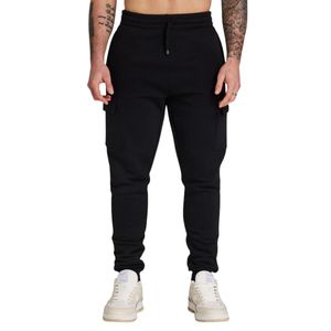 Pantalón de chándal de carga colectivo negro para hombre, ajuste cónico, cintura elástica, tela pesada, bolsillos con cremallera, sensación de cepillado suave - Product Image 5