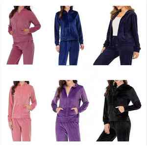 Ensemble de survêtement en molleton décontracté d'hiver personnalisé avec logo brodé en diamant et strass 2026, ensemble 2 pièces, survêtement violet pour femmes, taille haute - Product Image 1