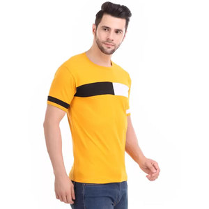 Men's Yellow Short Sleeve T-Shirt With <b>Black</b> <b>And</b> <b>White</b> Contrast Trim Regular Fit Casual Knitted Cotton O-Neck - Product Image 1