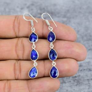 Pendientes de Plata de Ley 925 con Gema de Zafiro Azul Teñido de Moda, Novedad, para Mujer, para Bodas y Fiestas - Product Image 2
