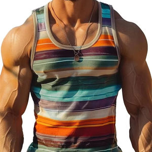 Camisetas sin mangas gráficas a rayas Retro para hombre, moda informal sin mangas de verano, chaleco estampado 3D, cuello redondo suelto, deportes de secado rápido - Product Image 1