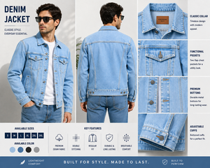 <b>Men's</b> Light Blue <b>Denim</b> <b>Jacket</b> Regular Fit Turn-down Collar Washed Cotton Casual Spring Style Single Breasted Button Closure - Product Image 5