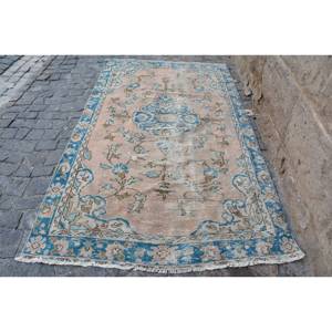 Tapis Vintage 48x84ft en Laine Turque Beige Bleu Patchwork Style Classique Boho Rectangle Design pour Salon Chevet Support en Latex - Product Image 1