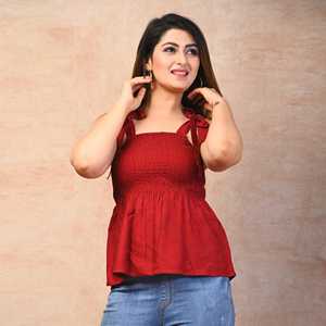 Women's Maroon Rayon Solid Smocked <b>Top</b> Classic Tank <b>Tops</b> - Product Image 2