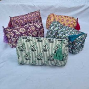 กระเป๋าผ้าคอตตอนบุผ้าพิมพ์ลายบล็อกพร้อมฝาปิดมีซิปกระเป๋าเครื่องแป้งกระเป๋าเดินทางชายหาดอุปกรณ์เสริมสำหรับผู้หญิง - Product Image 1