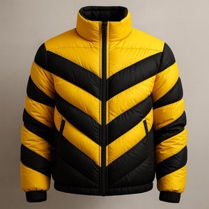 Yellow and Black Hooded Front <b>Zip</b> Thick Waterproof Windproof Winter Puffer Jacket for Men - Product Image 1