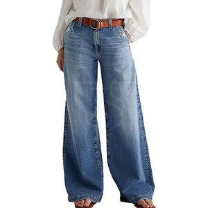 Pantalones vaqueros anchos transpirables para mujer al mejor precio, pantalones ajustados de cintura media, forro polar de algodón de estilo frontal plano para actividades al aire libre - Product Image 1