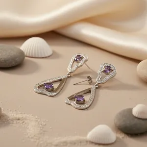 <b>Women's</b> <b>Silver</b> & Amethyst Teardrop <b>Hoop</b> <b>Earrings</b> Trendy Vintage Religious Gemstone Copper Jewelry <b>for</b> Parties - Product Image 3