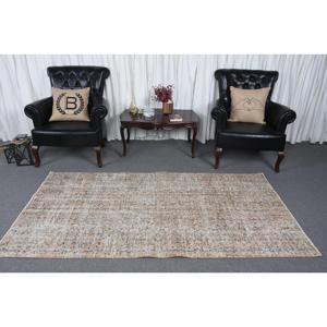 3.7x7.3 ft Area Turkish Rug, Vintage Rug, <b>Brown</b> Blue Solid <b>Wool</b> Rug - Product Image 2