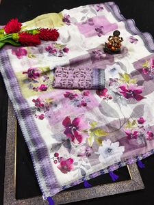 Saris en coton lin de qualité supérieure et riche, imprimés numériquement - Product Image 4